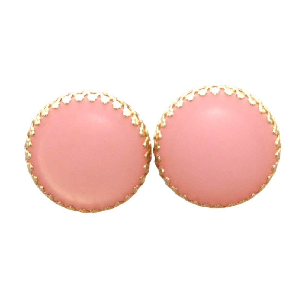 Bubble Gum Pink Frosted Glass Disc Earrings, Clip On in Vintage Gold Tone Settin